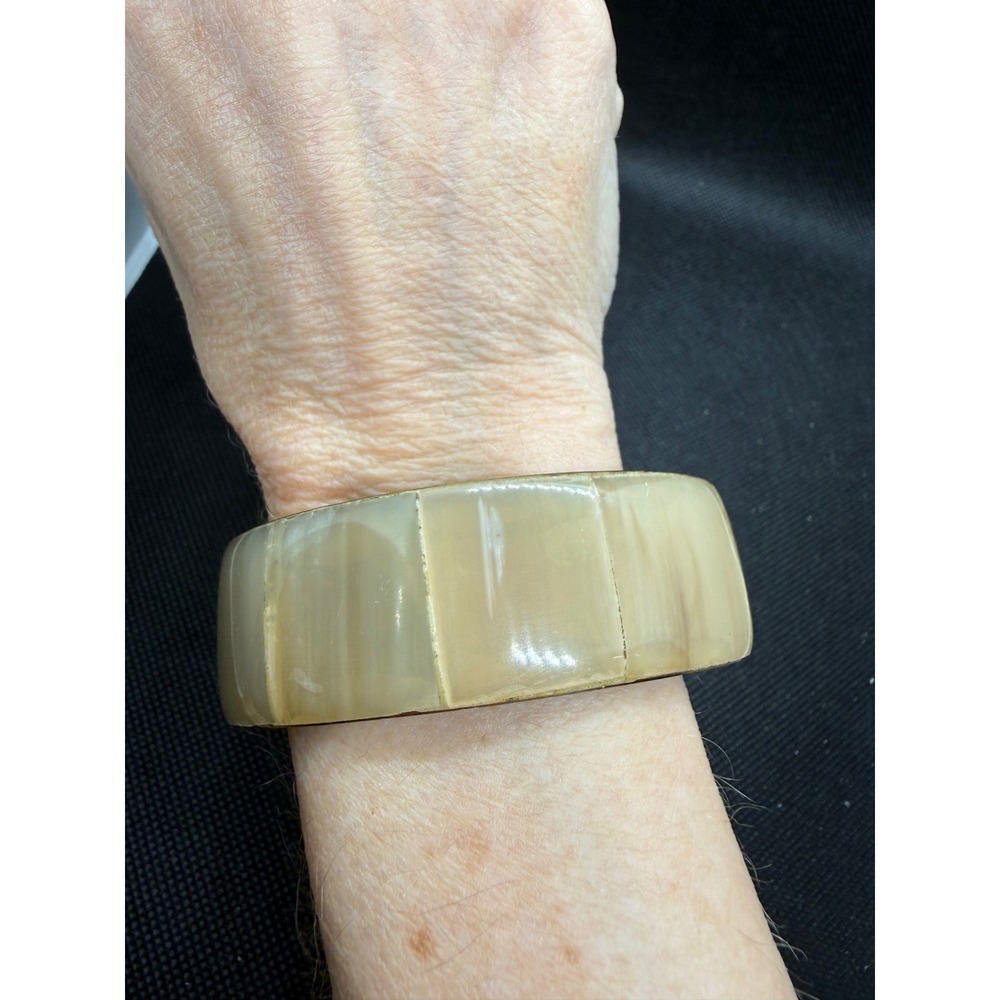 Vintage Brass Bangle Bracelet Natural Bone Horn Inlay Wide Panel Made in India